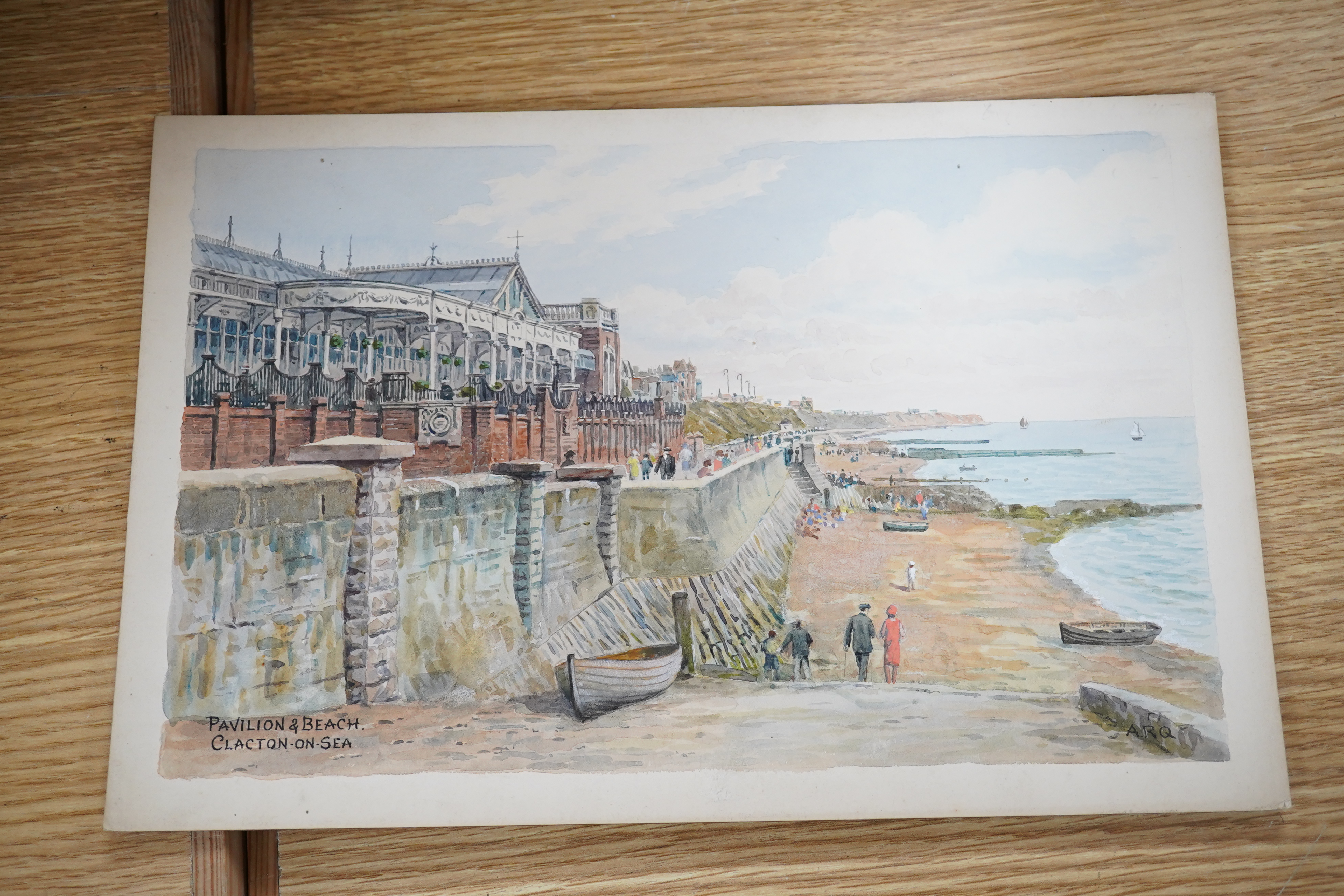 Alfred Robert Quinton (1853-1934), four original watercolours for postcards, East Anglia Coast views comprising The pavilion & beach, Clacton-on-sea, The Beach, Felixstowe, Suffolk, The Promenade, WestCliff-on-Sea and Gr